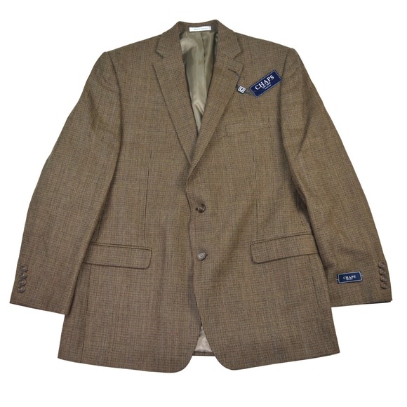 NWT CHAPS Mens 44L Wool Sport Coat Blazer Jacket Tan Plaid Classic Fit 2 Button